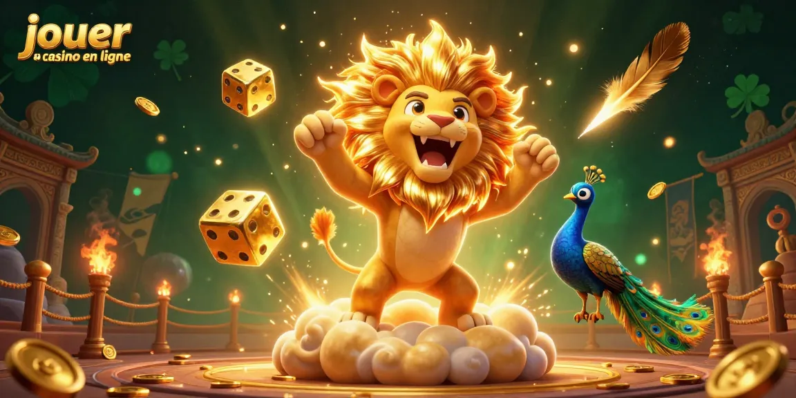 Jouez au casino en ligne avec une illustration animée d'un lion, des dés en or et des effets spectacle.