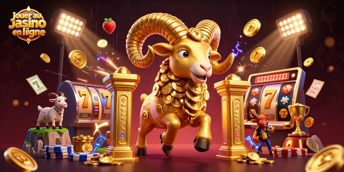 Jouez au casino en ligne avec une illustration dynamique de ram doré, jackpots et jeux de machines à sous.