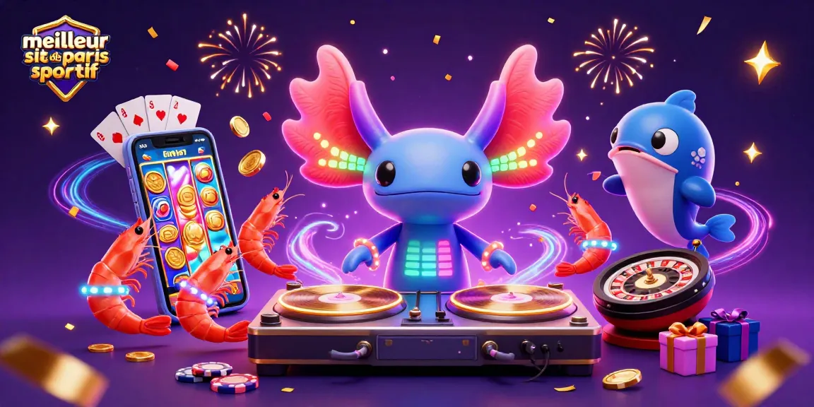 Jouez sur le meilleur site de paris sportif avec un DJ axolotl vibrant entouré de créatures marines dans une scène festive.