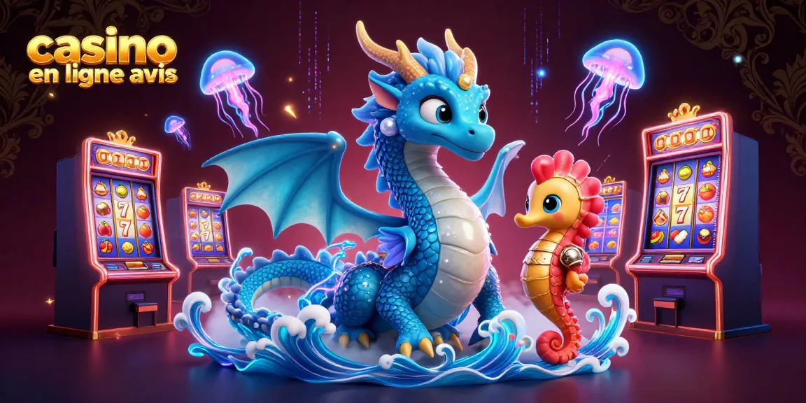 Examinez le casino en ligne avis avec un dragon aquatique et des machines à sous colorées.