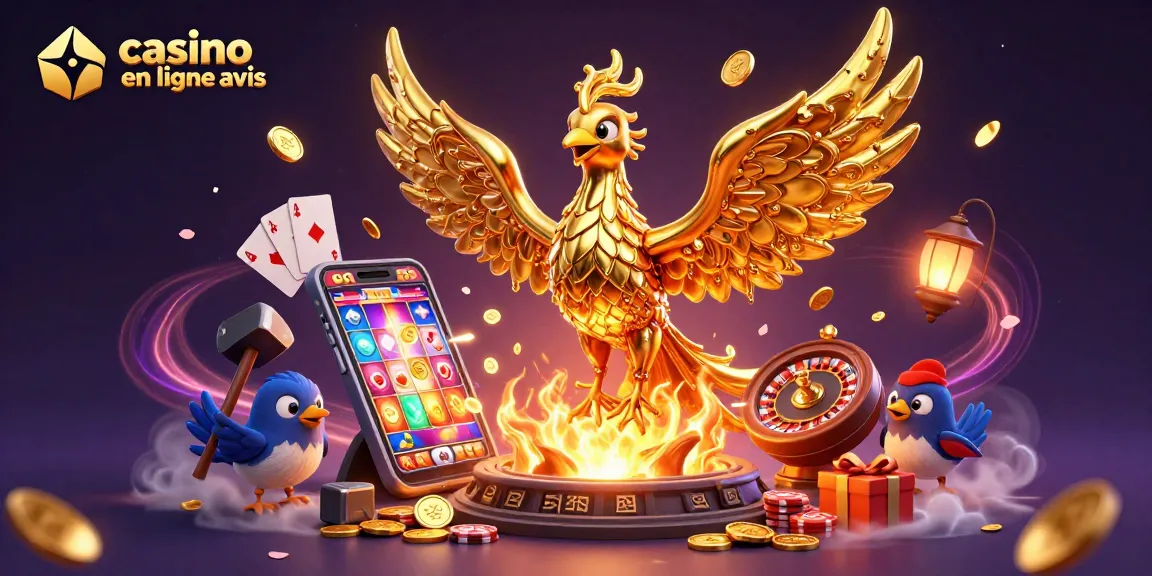 Un phoenix doré symbolisant un casino en ligne avis avec des jeux de cartes et des pièces d'or qui volent.