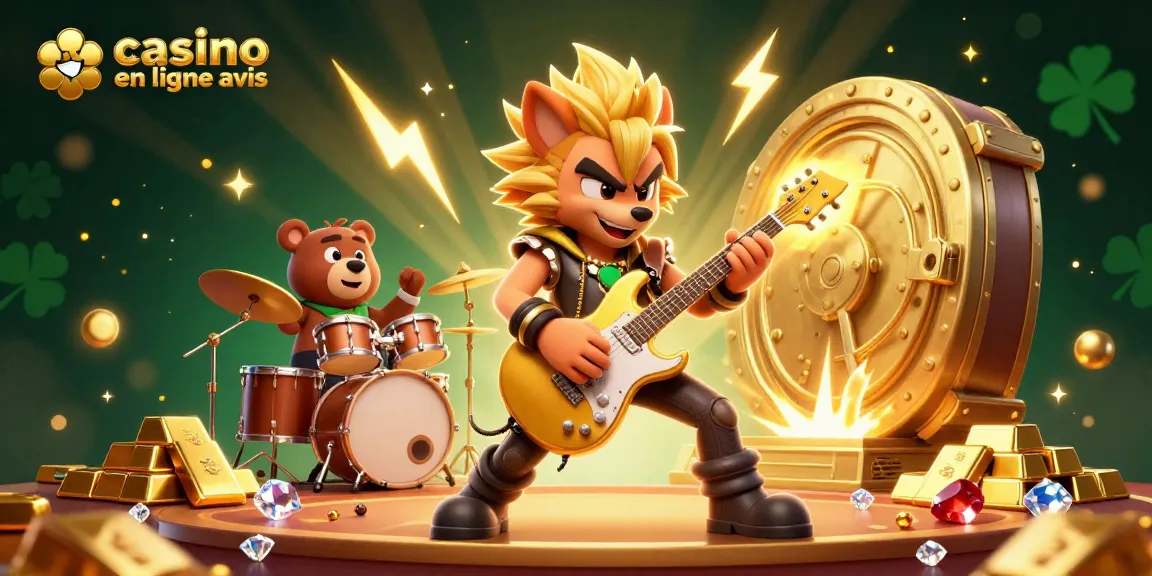 Jouez aux meilleurs jeux avec notre scène dynamique présentant un rock star loup en concert sur un stage de casino en ligne avis.