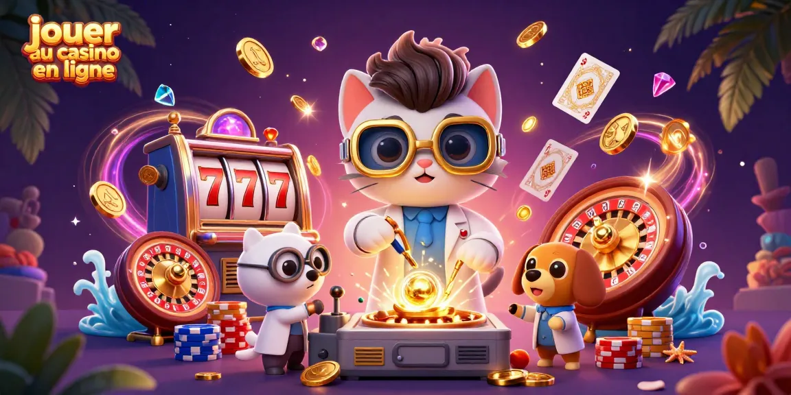 Jouez au casino en ligne avec un chat scientifique et un chien assistant dans une scène dynamique remplie de jeux de casino.