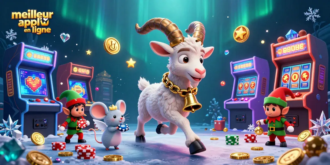 Illustration 3D d'un casino festif avec le meilleur appli casino en ligne, Krampus, une souris angélique et des gremlins.