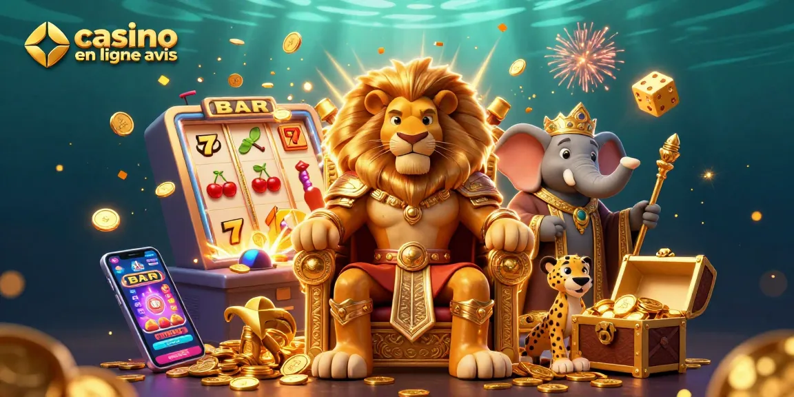 Découvrez l'illustration 3D du lion roi au casino en ligne avis, entouré de richesses et d'aventures.