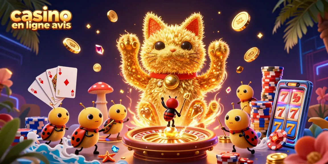 Vivez des avis sur les casinos en ligne avec un chat porte-bonheur entouré de jetons et de cartes.
