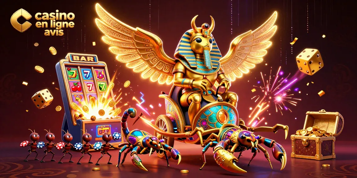 Casino en ligne avis : Illustrant un scarabée doré au casino avec un jackpot étincelant.