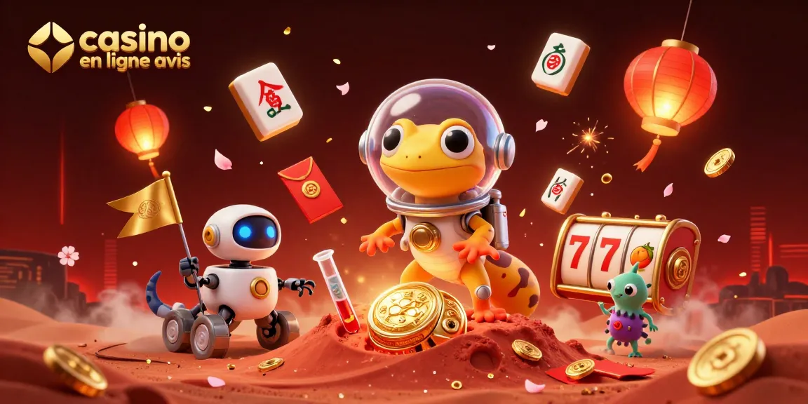 Évaluez différents casinos en ligne avis avec un gecko martien découvrant une machine à sous dorée.
