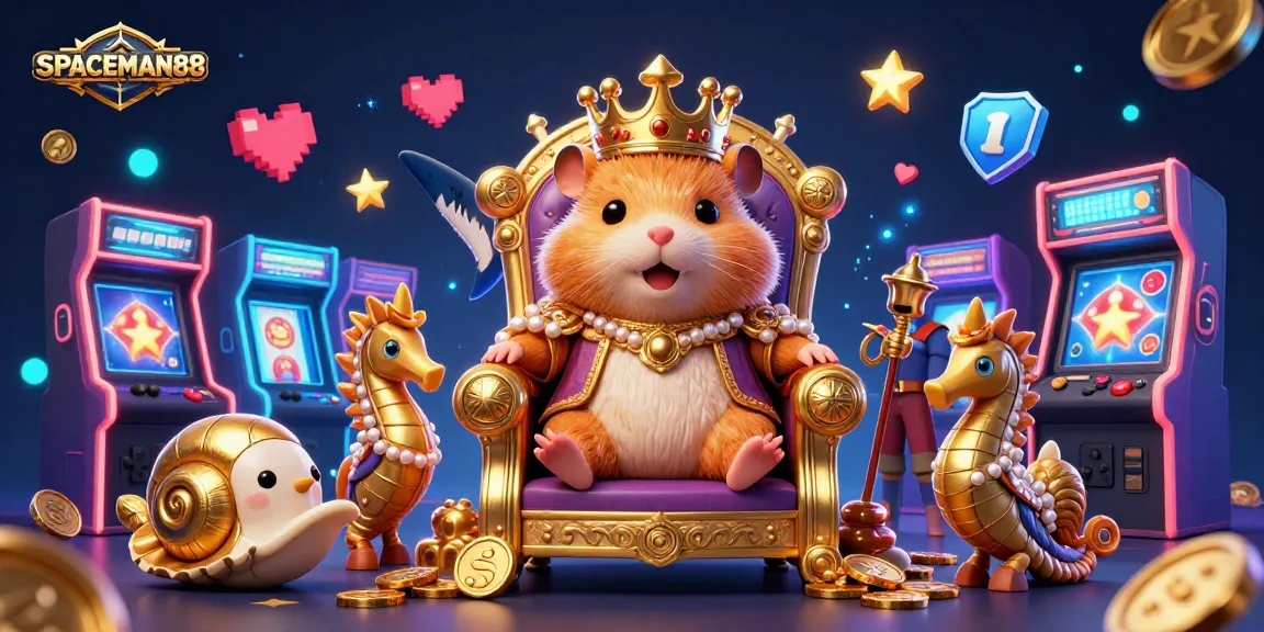 Experience SPACEMAN88 with the golden hamster king surrounded by vibrant gaming elements in this dynamic illustration.
