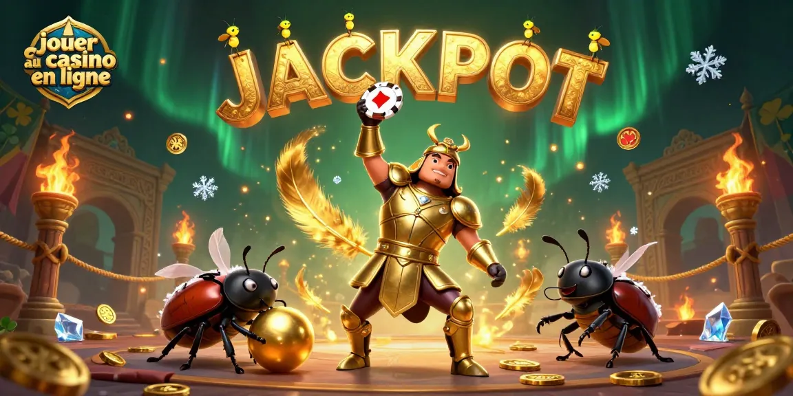 Jouer au casino en ligne avec un scarabée en armure dorée et un jackpot lumineux au-dessus.