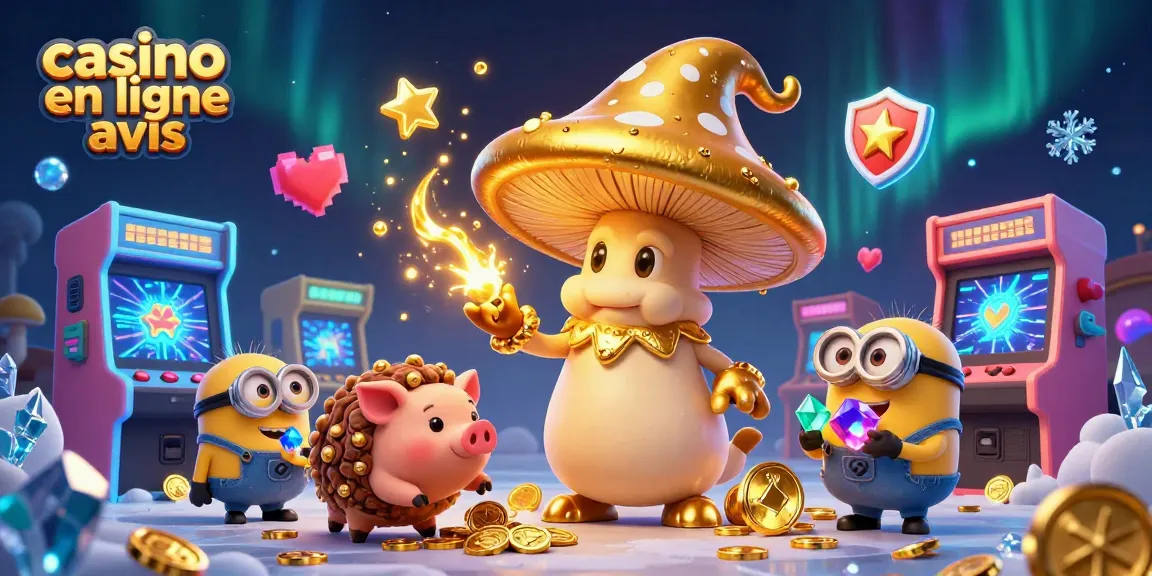 Illustration dynamique de casino avec le mot-clé casino en ligne avis mettant en scène un sorcier champignon et ses amis.