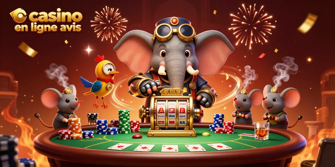 Casino en ligne avis: éléphant steampunk jouant aux machines à sous avec des éléments de poker