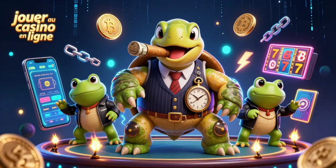 Jouer au casino en ligne avec une illustration dynamique d'une tortue massive et des grenouilles, entourées de pièces de crypto-monnaie.
