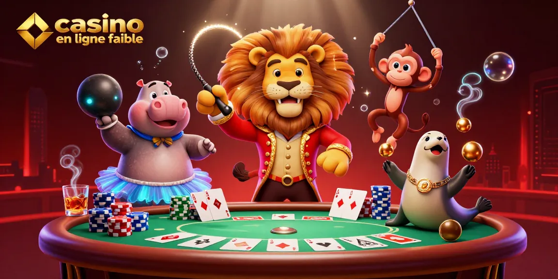 Scène dynamique de casino en ligne fiable avec un lion du cirque, un hippopotame et un singe artistique.