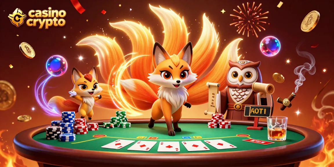 Illustrez la dynamique du casino crypto avec des personnages animés et des éléments de jeu captivants.