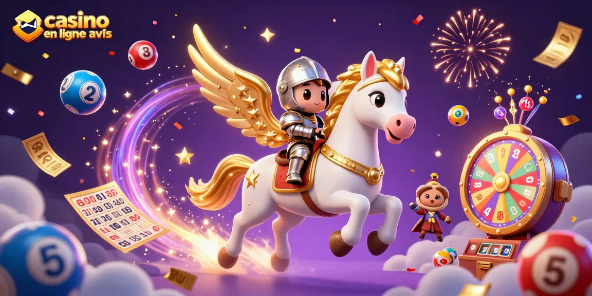 Casino en ligne avis : Visualisez un univers de jeux de loterie dynamique avec un cheval céleste et des éléments de fête.