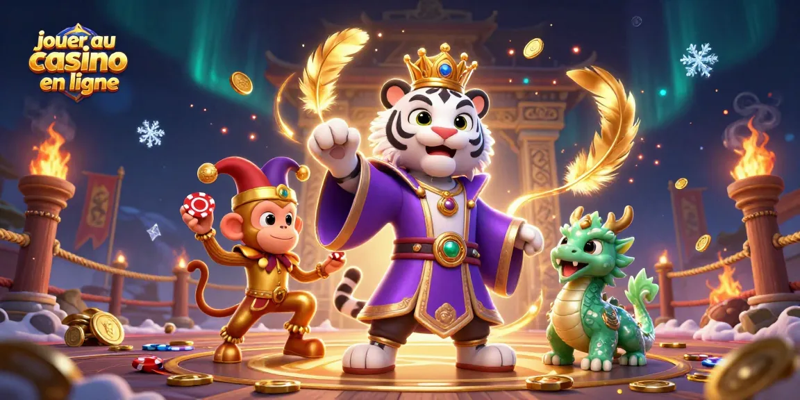 Jouer au casino en ligne avec le tigre élégant et le singe jongleur, ambiance festive.