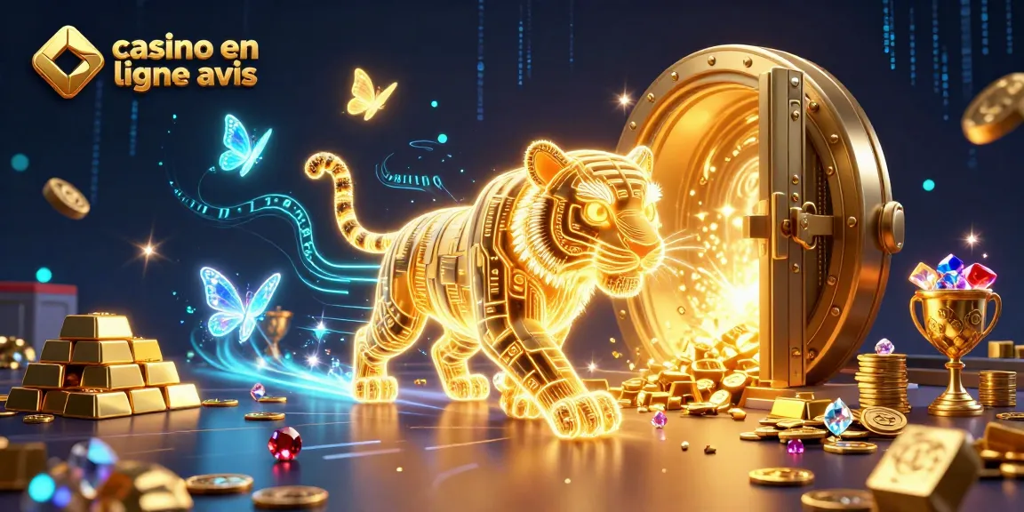Visualisez un avis sur un casino en ligne avec un tigre en filigrane doré et un paysage de casino dynamique.