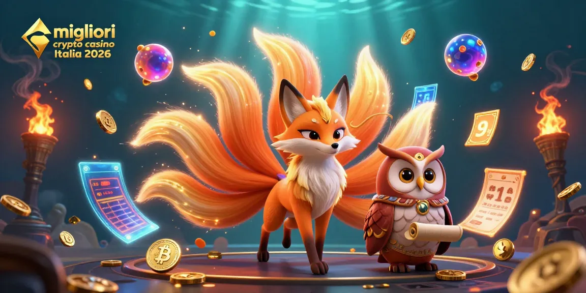 Scopri i migliori crypto casino Italia 2026 con un'illustrazione artistica di una volpe a nove code e un gufo saggio.