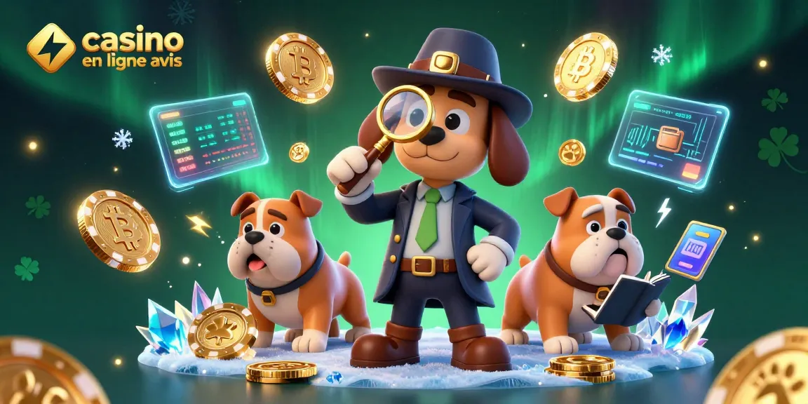 Examinez les avis sur casino en ligne avec un détective cartoon et ses indices lumineux.