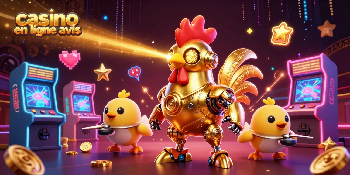 Découvrez un visuel captivant de casino en ligne avis avec un robot en or futuriste dans une scène dynamique.