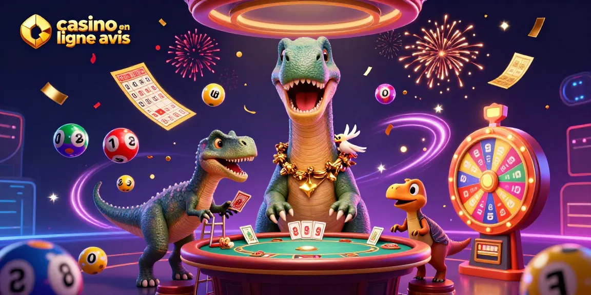 Avis de casino en ligne : illustration d'un brontosaurus géant observant les jeux de casino.