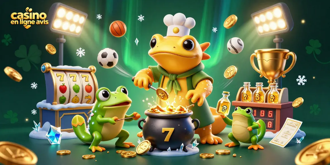 Un avis sur casino en ligne : Alchimiste transformant des métaux en pièces d'or avec un apprenti grenouille.