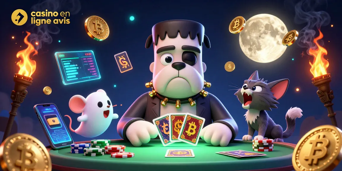 Des jeux de casino en ligne avis illustrant un bulldog Frankenstein dealer de cartes entouré de fantômes et de pièces de crypto-monnaie.
