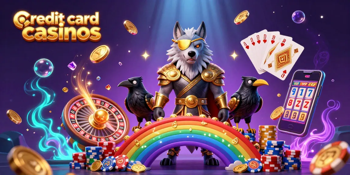Experience vibrant credit card casinos with Odin, ravens, and cascading casino elements in this 3D scene.