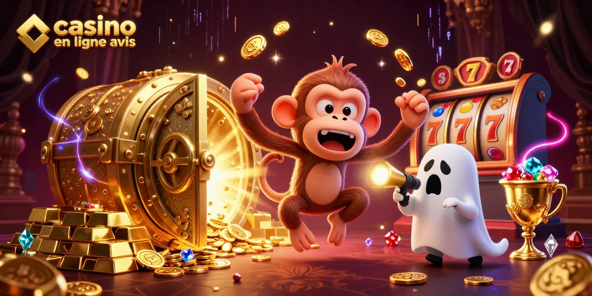 Illustration captivante illustrant le poltergeist jouant aux côtés d'un chiot chasseur de fantômes dans un casino, mettant en avant les avis sur les casinos en ligne.