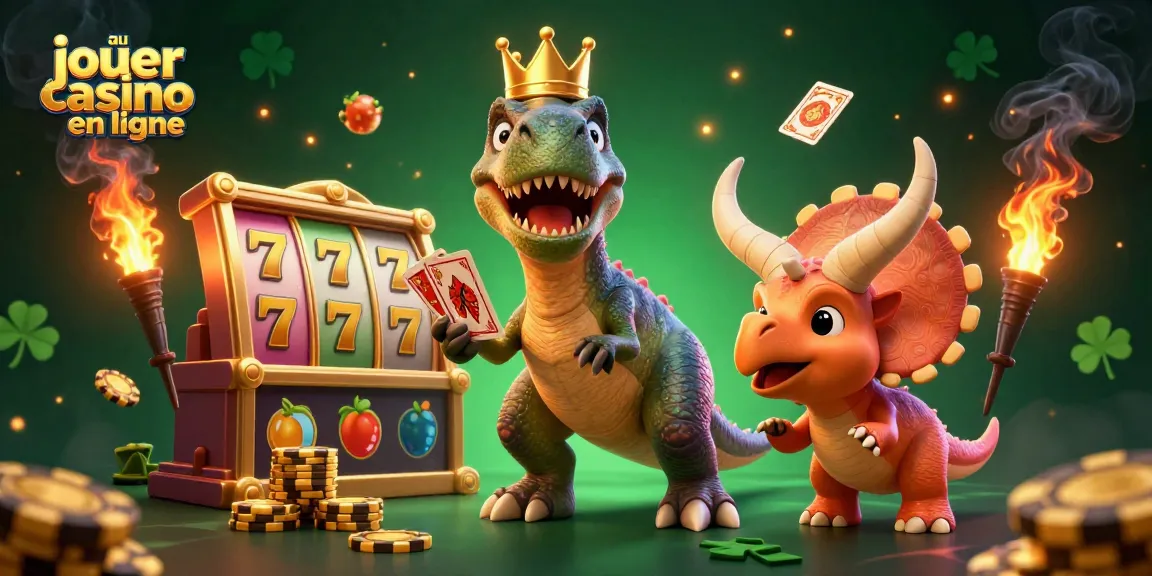 Jouer au casino en ligne : T-Rex faisant des cartes avec un ptérosaure et un tricératops ajoutant des jetons dorés.