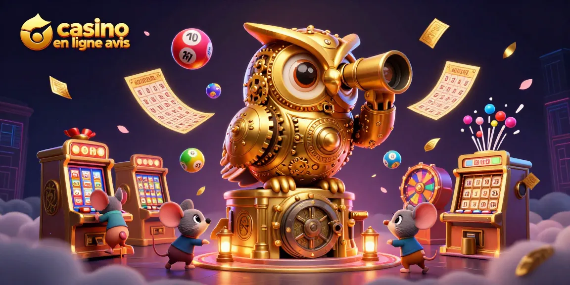 Casino en ligne avis avec une illustration 3D dynamique comprenant une chouette dorée et des éléments de loterie.