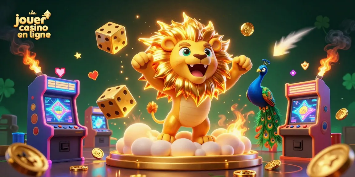 Jouer au casino en ligne avec un lion triomphant, des dés en or et une ambiance festive.