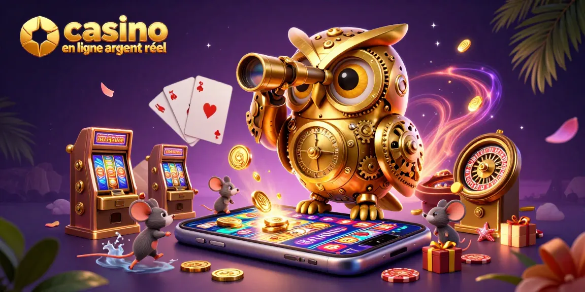 Jouer sur un casino en ligne argent réel avec des machines à sous et un hibou géant dans un décor coloré.