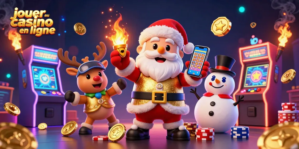 Jouez au casino en ligne avec une illustration festive de Santa, un renne et un bonhomme de neige.