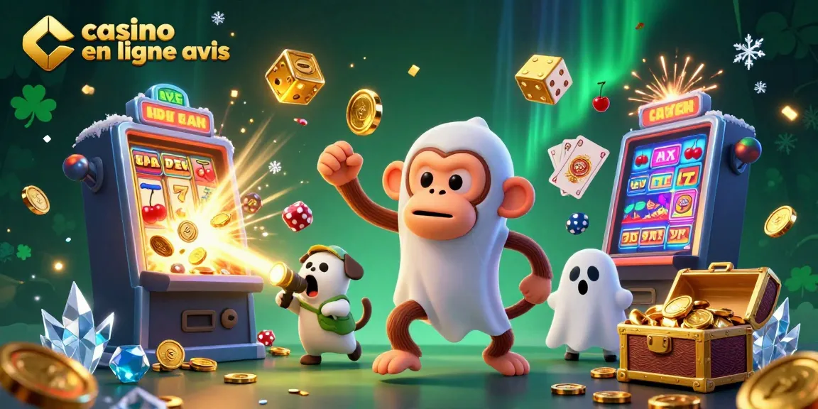 Casino en ligne avis: Illustration dynamique d'un singe farceur et un chiot chasseur de fantômes dans un casino hanté.