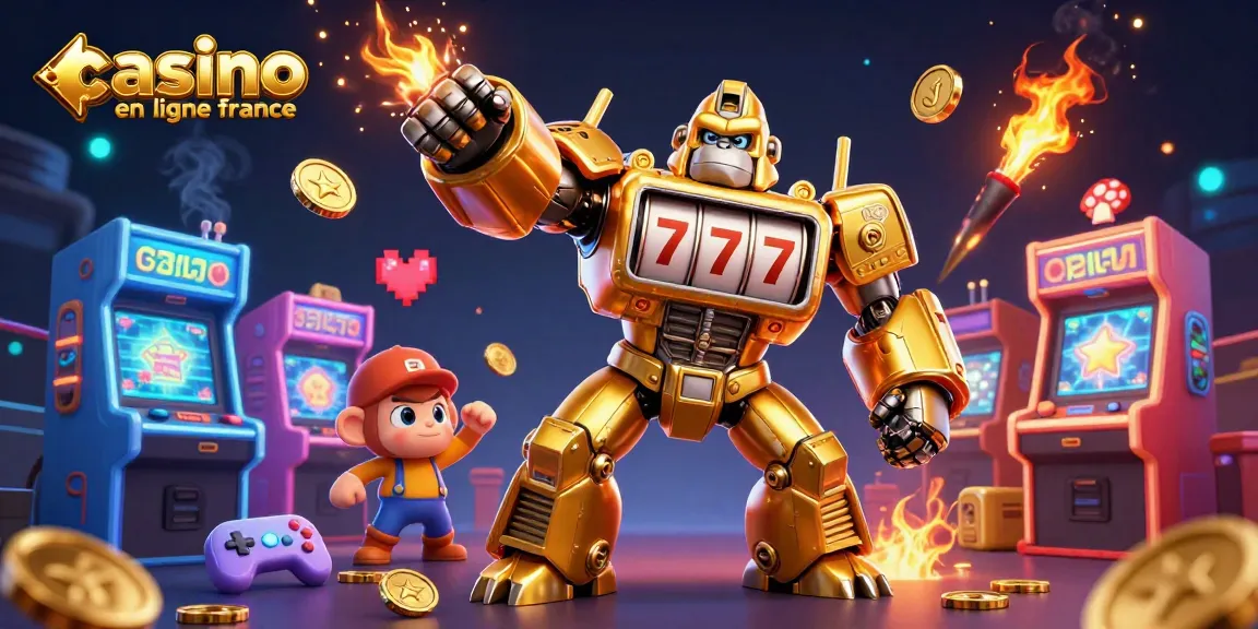 Jouez sur un casino en ligne France avec l'animation d'un gorille mech doré et des machines à sous.
