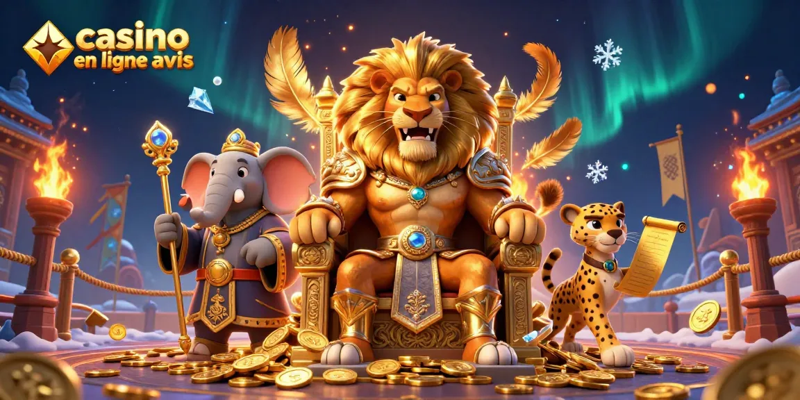 Casino en ligne avis : illustration d'une scène royale avec un lion, un éléphant et un guépard.