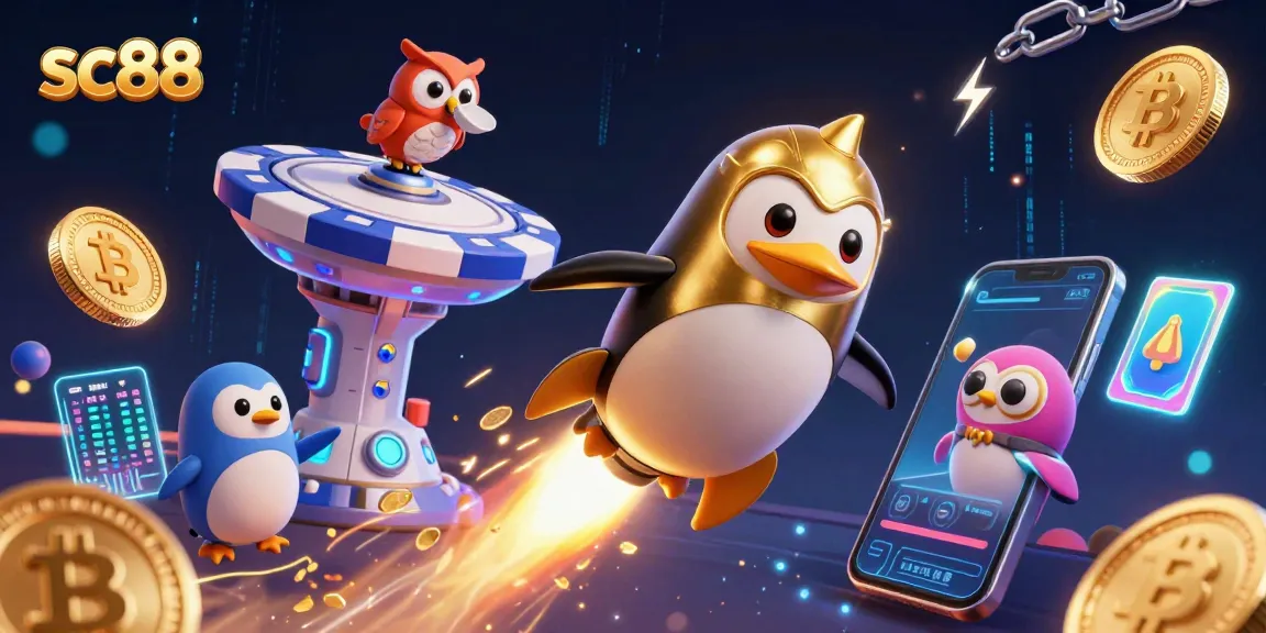 sc88 rocket-powered penguin soaring through a neon space casino with crypto coins