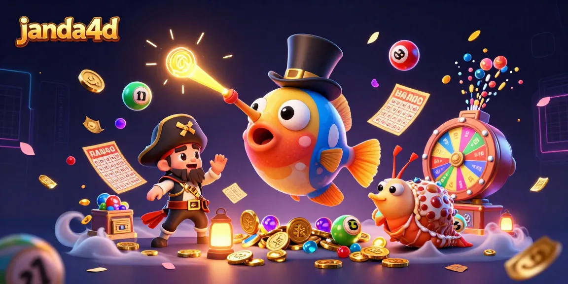 Permainan slot di janda4d dalam ilustrasi 3D menggambarkan ikan pemancing anglerfish dan karakter lainnya di dunia kasino.