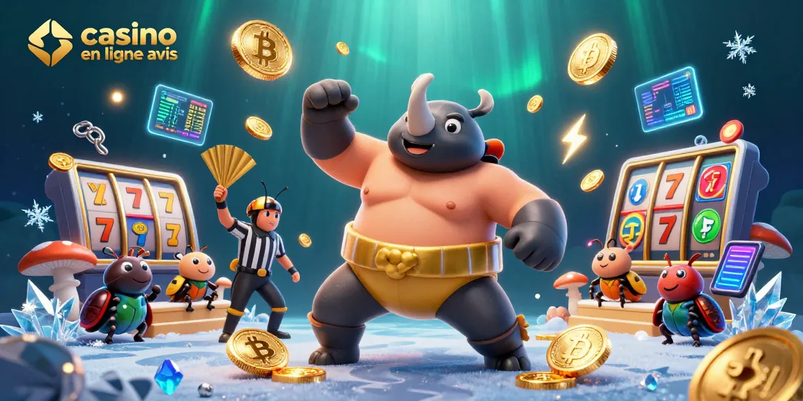 Évaluation de casino en ligne avis illustrant un combat vibrant entre un scarabée rhinocéros et un arbitre, entourés d'éléments de jeu.