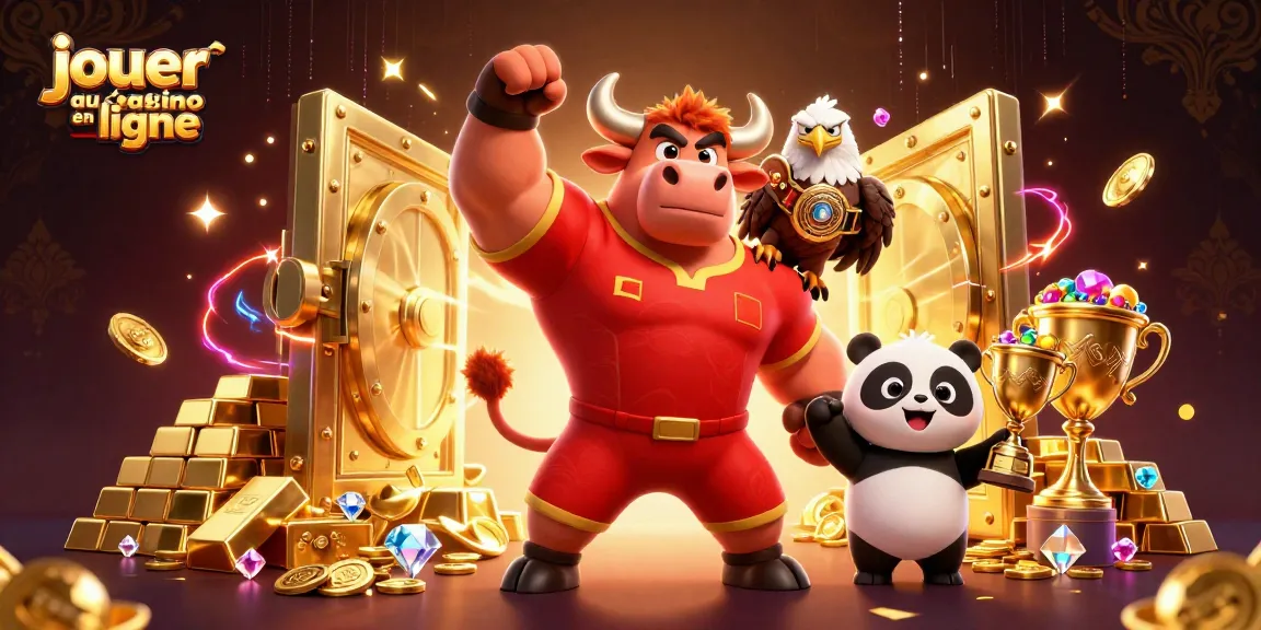 Jouer au casino en ligne avec un taureau musclé et un panda joyeux célébrant un jackpot en 2026.