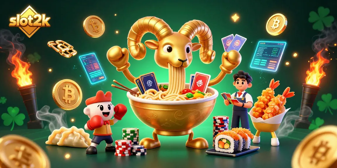 Engage with slot2k's vibrant gameplay, featuring a golden ramen bowl dealer amidst crypto-themed decor and exciting characters.