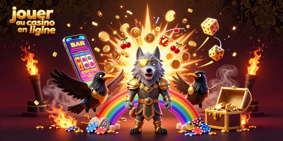 Jouer au casino en ligne avec un loup d'Odin et des corbeaux entourés de machines à sous et de symboles chanceux.