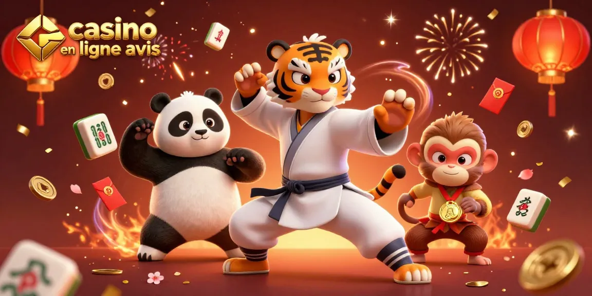 Célébrez les gains avec notre illustration casino en ligne avis, mettant en scène un tigre kung fu et un panda avec des éléments festifs.