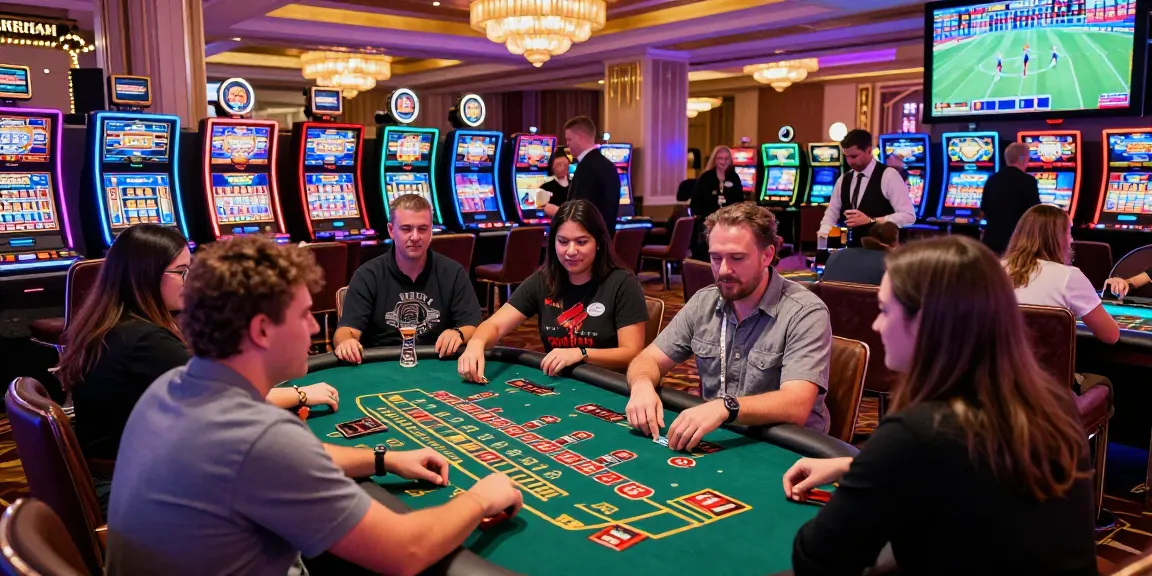 Exciting atmosphere of credit card casinos with players enjoying gaming tables and vibrant slot machines.