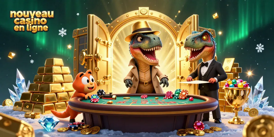Profitez de l'expérience d'un nouveau casino en ligne avec un velociraptor aux cartes, entouré de trésors scintillants.