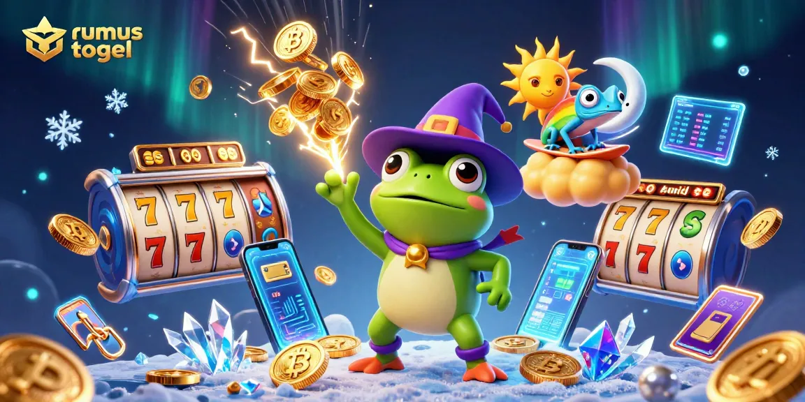 Play rumus togel with a magical illustration of a wizard frog and chameleon surrounded by slot game elements.