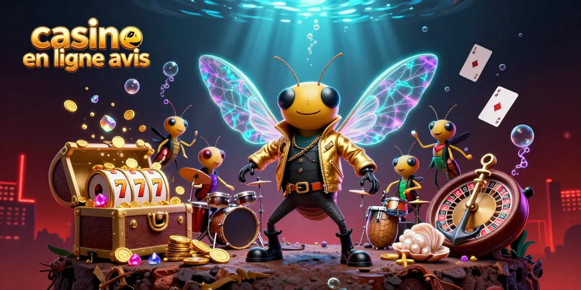 Appréciez les avis sur les casinos en ligne avec une scène vibrante de rock star insecte dans un monde de jeu.