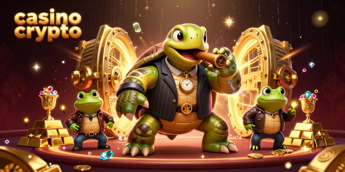 Illustration dynamique de casino crypto avec une tortue et des grenouilles, trésors éblouissants.